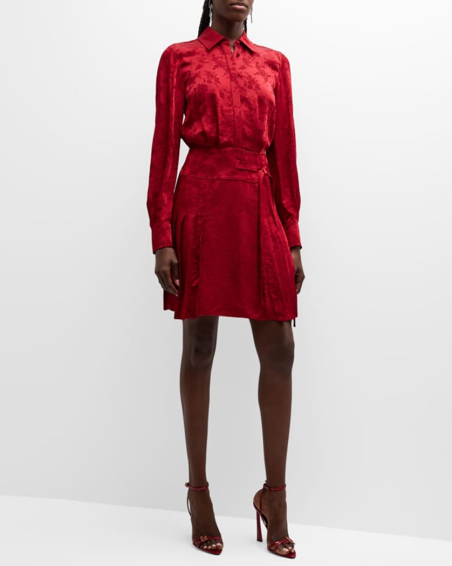 Dresses/Jumpsuits Jason Wu | Short Pleated Jacquard Shirt Dress Oxblood